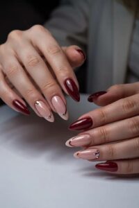 Deep Wine Red French Manicure