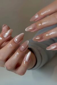 Milky white and blueberry milk 2026 nail colors on short natural nails